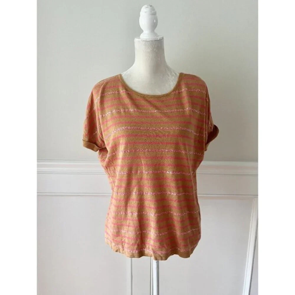 Boden Brown & Pink Sparkle Stripe Short Sleeve Sweater Size 8
